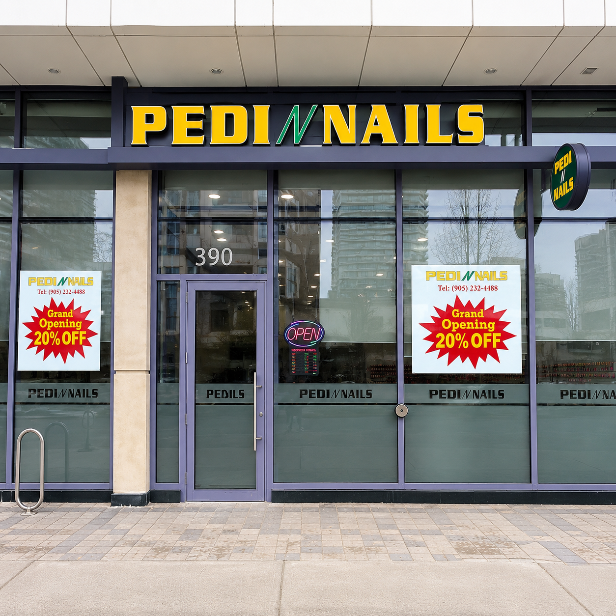 The salon storefront at the plaza with parking and neighboring shops