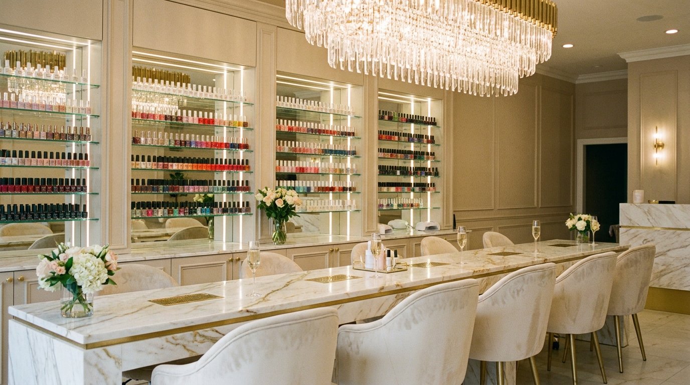 Marble manicure bar with pedicure stations and crystal display